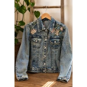Floral Embroidered Denim Jacket Cottagecore Blue Jean Coat Coquette Boho‎ L